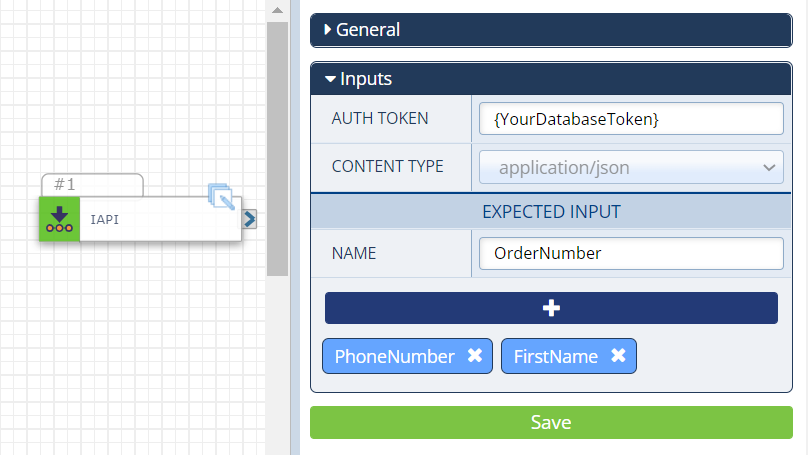 The Inbound API trigger action on the board, and sample Inputs in the Configurations Panel